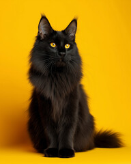 front view of full body black long hair Maincoon cat sit or stand on yellow Blackground