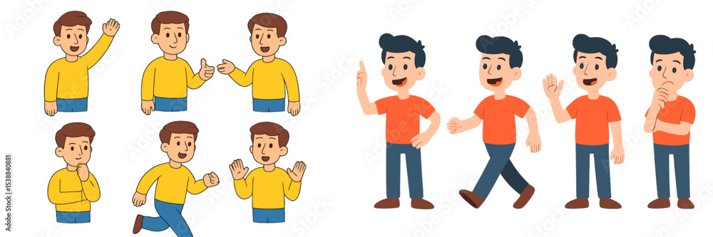 Poster various characters expressing emotions in different poses and activities in a colorful animation sty