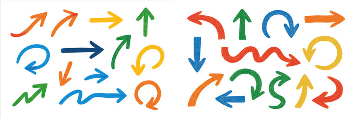 Colorful hand-drawn arrows illustrating different directions and movements on a white background, perfect for visual communication and design
