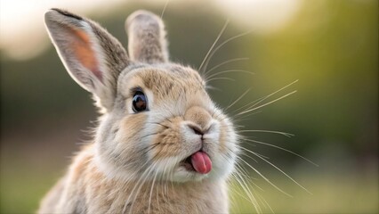 Funny close-up of cute rabbit sticking out tongue with blurred green background. Adorable bunny expression, perfect for animal humor, pet lovers, and springtime concepts.