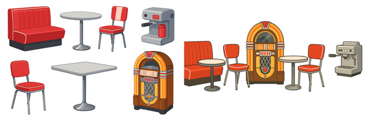 Retro diner furniture in vibrant red and chrome design, perfect for nostalgic eatery ambiance and classic dining setups