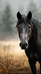 Fototapeta premium Majestic black horse gazing in foggy meadow at dawn, showcasing natural beauty and serene ambiance