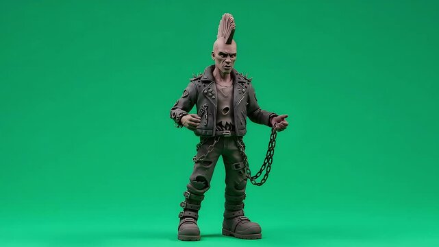 A 3D clay model character of a punk rock figure posed against a solid green screen background rendered in a light grayish-tan color, stylized mohawk, leather jacket, ripped pants, and chunky boots