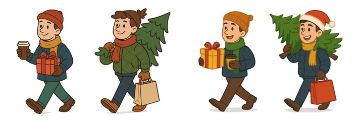 Holiday shoppers carrying gifts and Christmas trees celebrate festive spirit in a cheerful urban setting