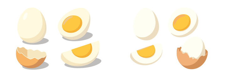 Various stages of egg preparation displayed on a clean background showcasing whole and cut open eggs