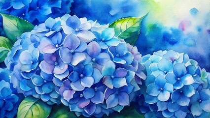 Watercolor illustration of blue hydrangea flower with green leaves on soft blue background. Botanical floral artwork perfect for greeting cards, wall art, or decorative design.