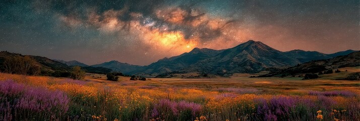 Stunning night view of mountains and wildflowers under the starry sky in a serene landscape setting