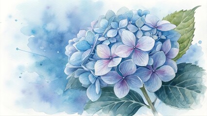 Watercolor illustration of blue hydrangea flower with green leaves on soft blue background. Botanical floral artwork perfect for greeting cards, wall art, or decorative design.