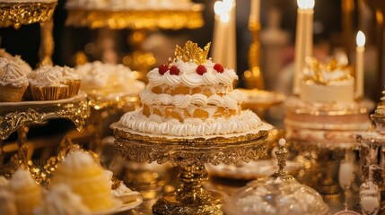 Elaborate dessert table with cakes pastries and golden decorations in a warm setting.