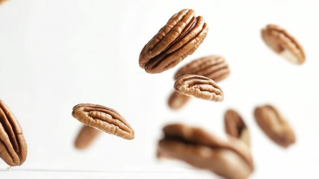 A close-up shot of pecans airborne, possibly during harvest or sowing season