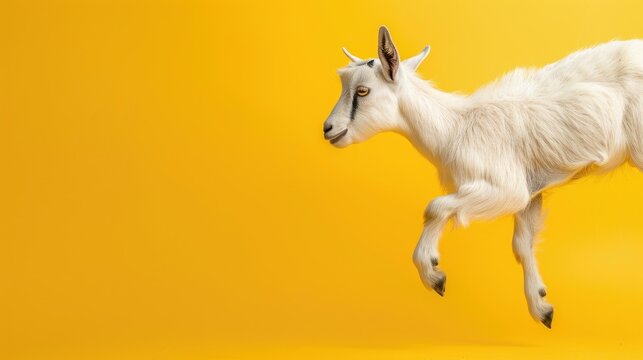 A white goat leaping across a vibrant yellow background, showcasing agility. - Powered by Adobe