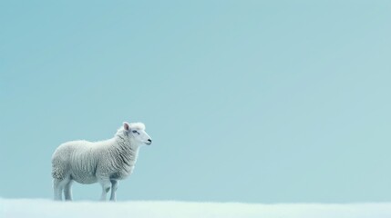 A solitary white sheep stands on a snow-covered ground, gazing out.