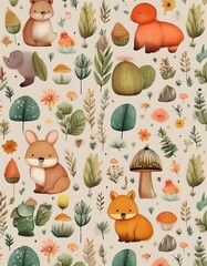 Adorable Watercolor Woodland Animal Pattern with Bunnies, Fox, Bear, Mushrooms, and Floral Elements on Beige Background - Cute Children's Design