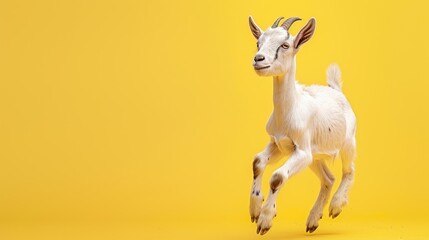 A playful young goat leaps against a vibrant yellow backdrop.