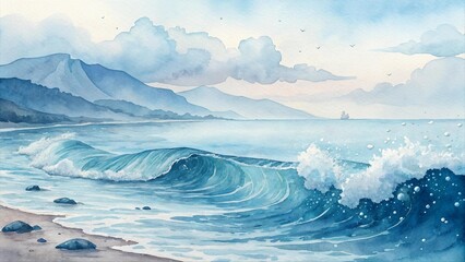 Watercolor seascape painting with ocean waves crashing on sandy beach, mountain coastline, cloudy sky, and distant ship. Peaceful coastal nature artwork in blue tones.