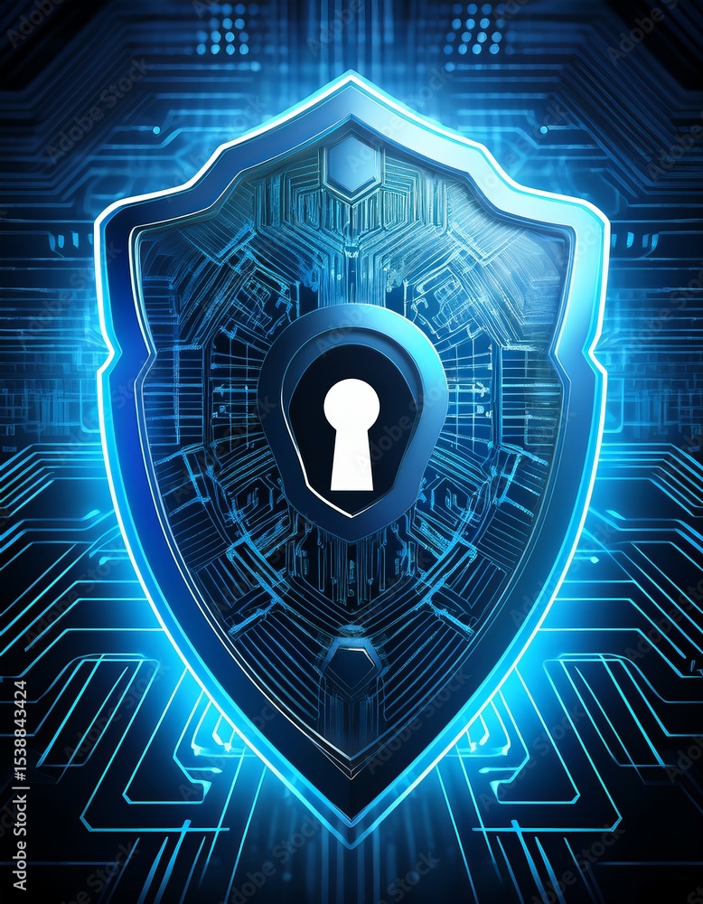 Poster digital cyber security shield with keyhole lock - data protection, network safety, technology concep