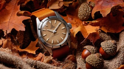 Elegant Omega Watch on Autumn Leaves and Acorns Fall Fashion Accessory