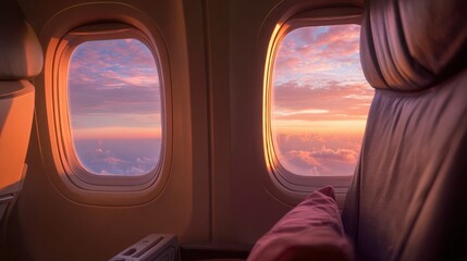Stunning Sunset View from Airplane Window Seats Serene Cloudscape Above during Golden Hour Flight