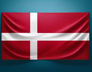 Fototapeta premium Denmark Flag Waving - Vibrant Red and White Danish Flag, Detailed Silk Texture with Dramatic Lighting and Deep Blue Background.