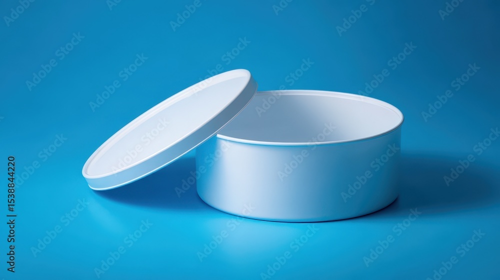 Poster empty white round container with lid open on blue background ideal for product display or mockup