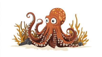 Cartoon octopus sits on sandy seabed amidst seaweed, looking to the left