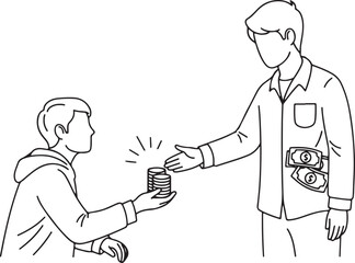 A black and white line art illustration of one person handing a stack of coins to another person, who has bills visible in their pocket, symbolizing a financial transaction or exchange of money