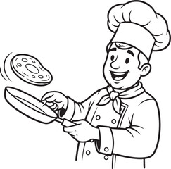 An outline illustration portrays a jubilant chef in a chef's hat and uniform, enthusiastically flipping a food