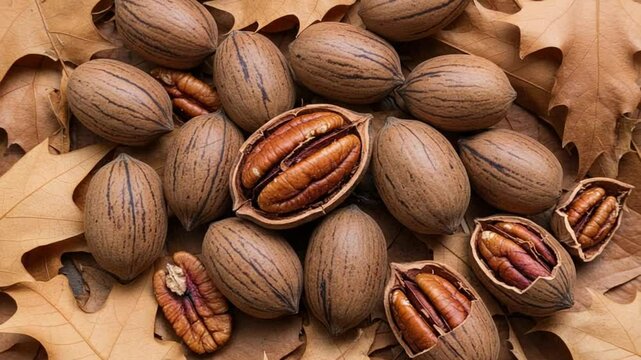 Close Up of Pecan Nuts with Shells and Autumn Leaves