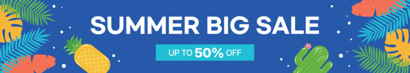 Tropical summer sale banner with tropical leaves, pineapple and cactus shaped tubes. Summer, vacation and seasonal discount promotion on bright blue background.