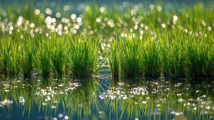 Obraz premium Lush Green Rice Paddy Reflecting Sunlight on Calm Water Beautiful Nature Scene