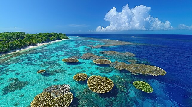 Coastal coral reef, turquoise water, and white sand beach - Powered by Adobe