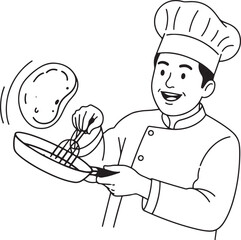 a smiling chef in uniform and hat, skillfully flipping a pancake in a frying pan, capturing a moment of culinary expertise and joy in cooking.