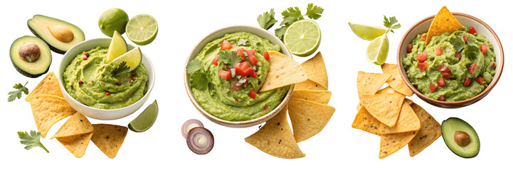 Set For Bowls of guacamole with tortilla chips isolated on transparent background