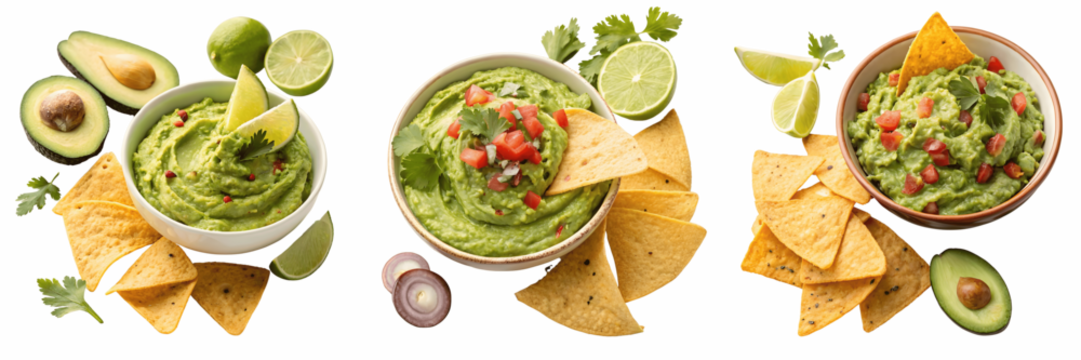 Set For Bowls of guacamole with tortilla chips isolated on transparent background