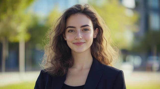 Confident Young Woman with Curly Hair Smiling in Urban Environment During Daytime