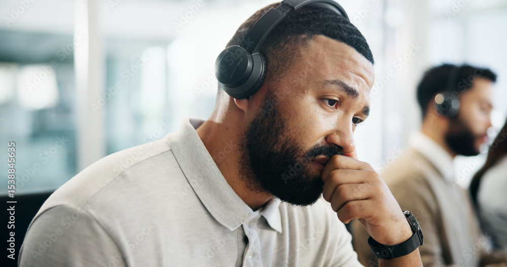 Poster burnout, headache and thinking with man in call center for help or solution as virtual assistant. an