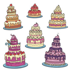 A set of six colorful, tiered cakes with various frostings, decorations, and fruit toppings, all in a doodle or hand-drawn style