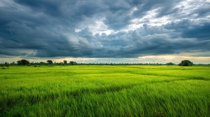 Fototapeta premium Dramatic Storm Clouds Over Lush Green Rice Paddy Field Rural Landscape Scenery