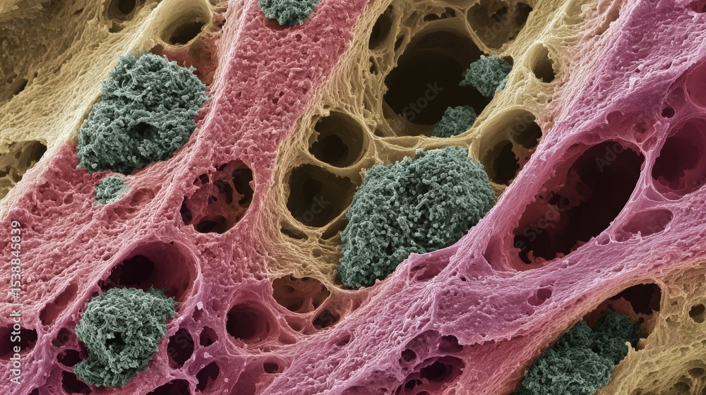 Poster microscopic image of porous structure with embedded clusters detailed close up view of cellular matr