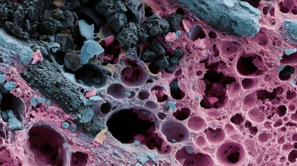 Microscopic Close up of Porous Rock Structure with Embedded Particles Detailed Scanning Electron Microscopy Image