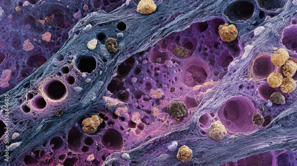 Poster microscopic image of porous structure with cellular components detailed view of biological tissue sa