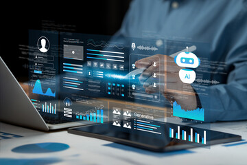 Artificial intelligence automation concept. Software automation technology, cloud, Businessman using laptop to interact with AI assistant. Agent with futuristic digital elements.