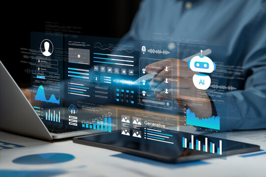 Artificial intelligence automation concept. Software automation technology, cloud, Businessman using laptop to interact with AI assistant. Agent with futuristic digital elements.