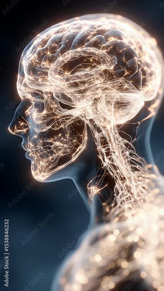 Poster glowing human brain and nervous system visualization: neural network activity