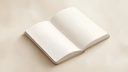 Open notebook with blank lined pages, resting on a light beige surface.