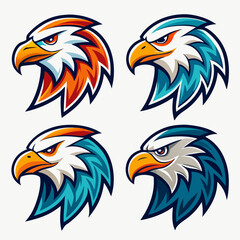 Create a set of six stylized eagle head illustrations, arranged in two rows of three. Each eagle head should have a bold, dynamic look with sharp lines and vibrant colors, including variations of oran
