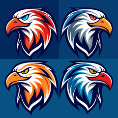 Create a set of six stylized eagle head illustrations, arranged in two rows of three. Each eagle head should have a bold, dynamic look with sharp lines and vibrant colors, including variations of oran