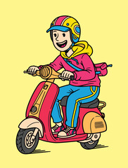 A vibrant cartoon illustration of a smiling person wearing a pink and yellow hoodie blue pants a pink and yellow helmet and a pink bag riding a white scooter