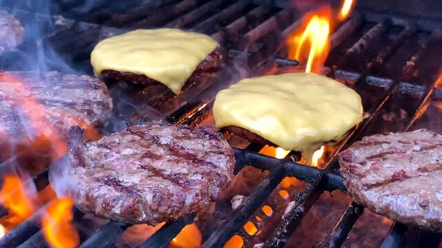 Burgers cooking on flame grill slow motion
