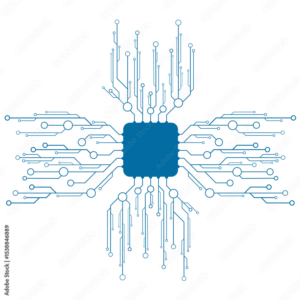 Poster minimalistic blue microchip connected to a futuristic circuit network on white background. computing